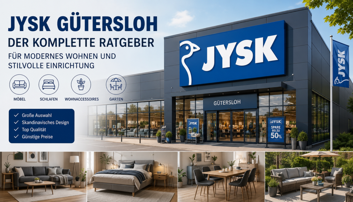 JYSK Gütersloh JYSK Gütersloh ist eine beliebte Anlaufstelle für Möbel, Matratzen, Wohnaccessoires und Gartenmöbel. Das Einrichtungshaus bietet skandinavisches Design, attraktive Preise und regelmäßig wechselnde Angebote. Kunden finden hier hochwertige Produkte für Schlafzimmer, Wohnzimmer, Esszimmer, Badezimmer sowie den Außenbereich und profitieren von kompetenter Beratung sowie verschiedenen Serviceleistungen.